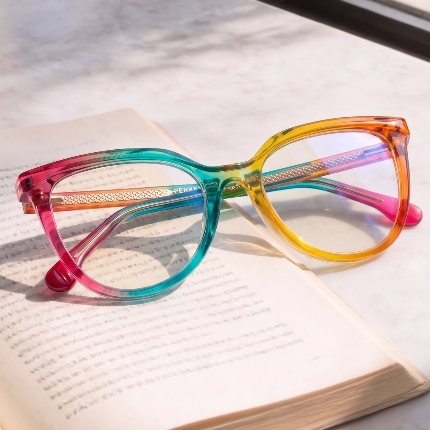 PERKEY Full Rim Oversized-Cat Eye Blue Block Rainbow Spectacle Frames For Women - OPTL006-C2