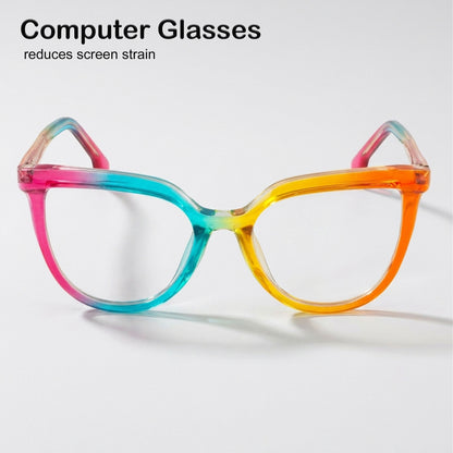 PERKEY Full Rim Oversized-Cat Eye Blue Block Rainbow Spectacle Frames For Women - OPTL006-C2