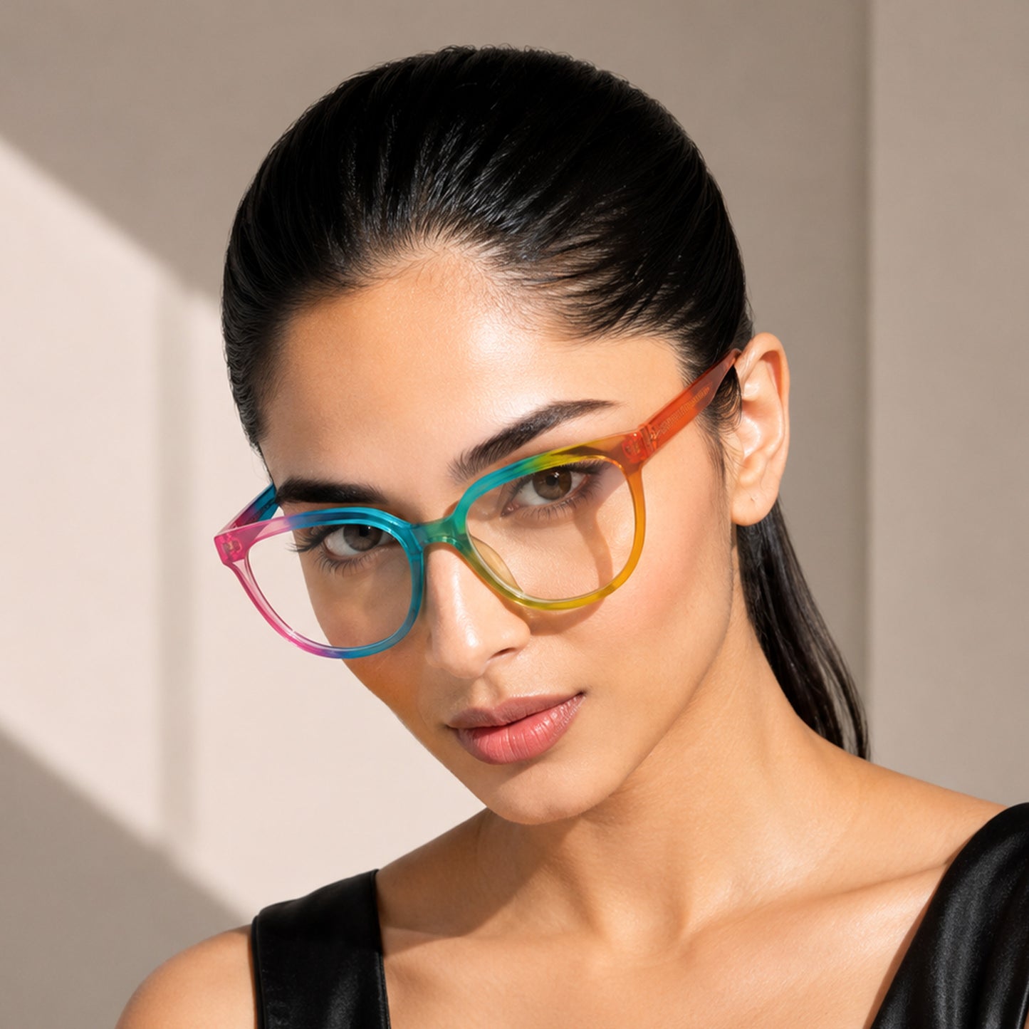PERKEY Full Rim Oversized-Cat Eye Blue Block Rainbow Spectacle Frames For Women - OPTL006-C2