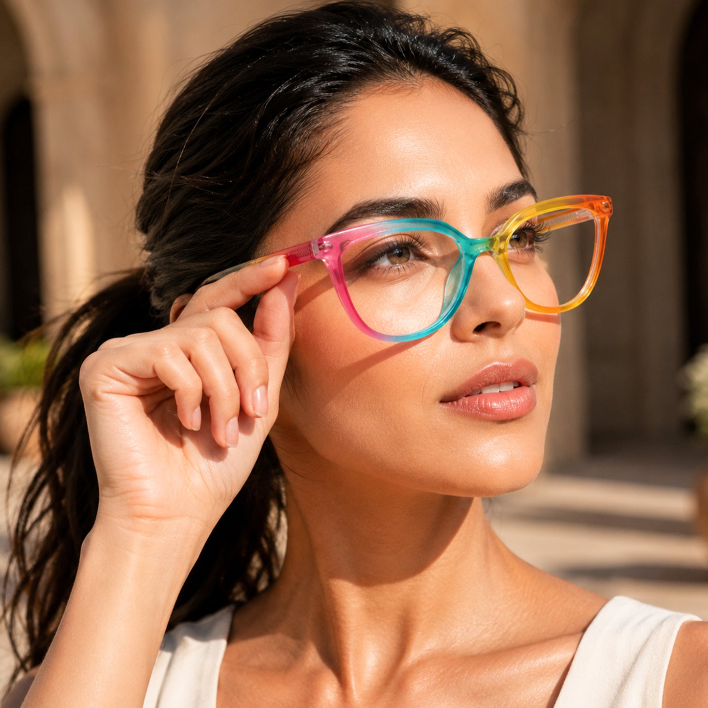 PERKEY Full Rim Oversized-Cat Eye Blue Block Rainbow Spectacle Frames For Women - OPTL006-C2