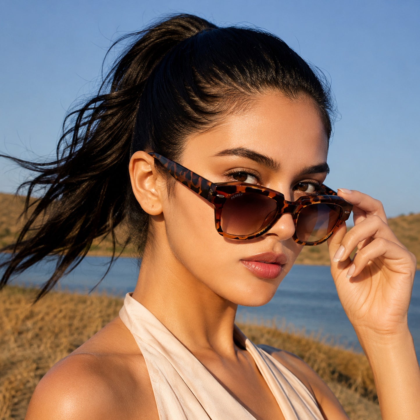PERKEY Square Brown UV Protected Polarized Cooling Sunglasses For Men & Women - PRKY004-C5