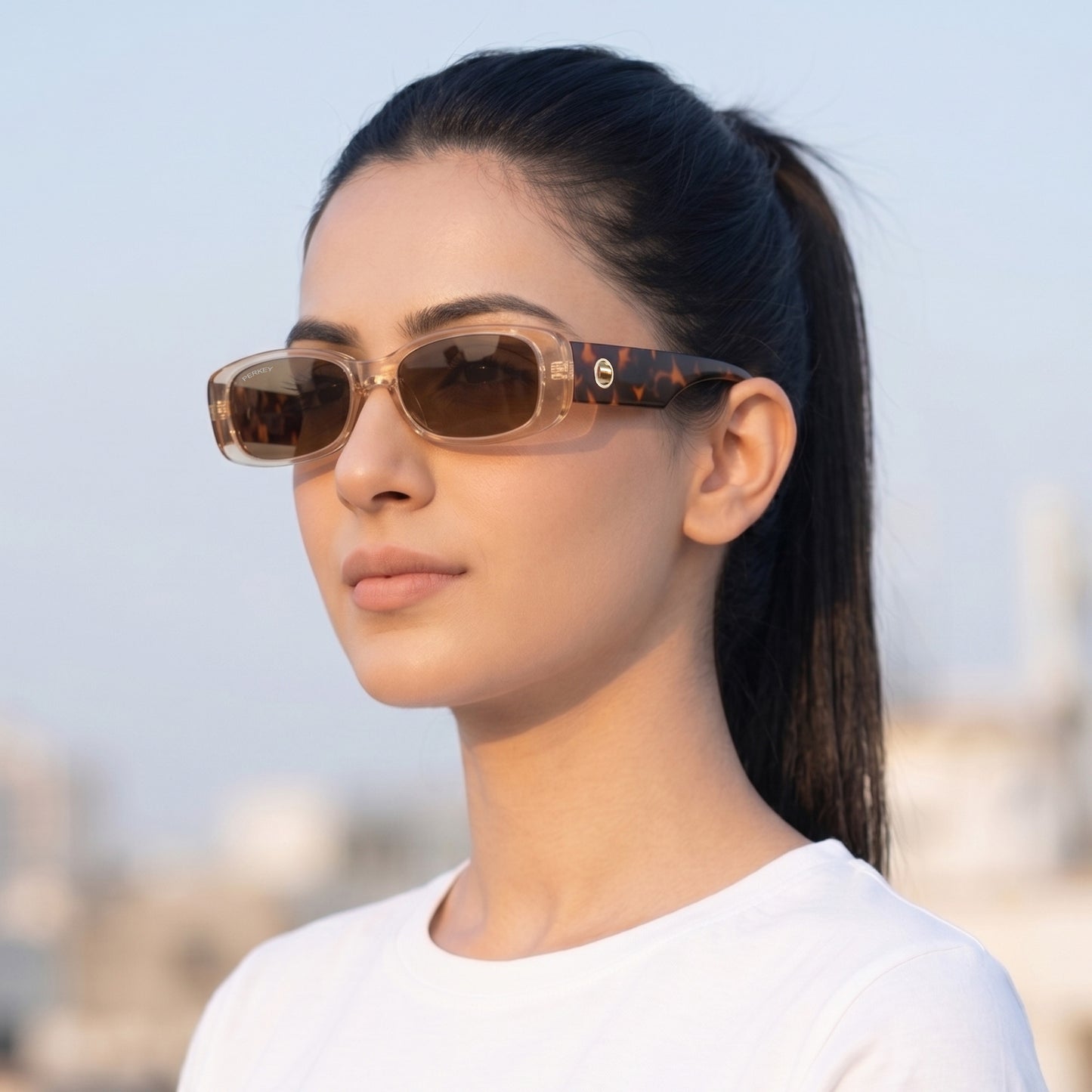 PERKEY Rectangle Biege UV Protected Polarized Sunglasses Men Women - PRKY006-C2